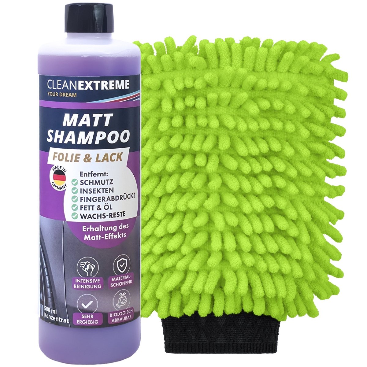Mattlack Auto - Shampoo Folie & Lack Konzentrat 500 ml + Waschhandschuh - CLEANEXTREME