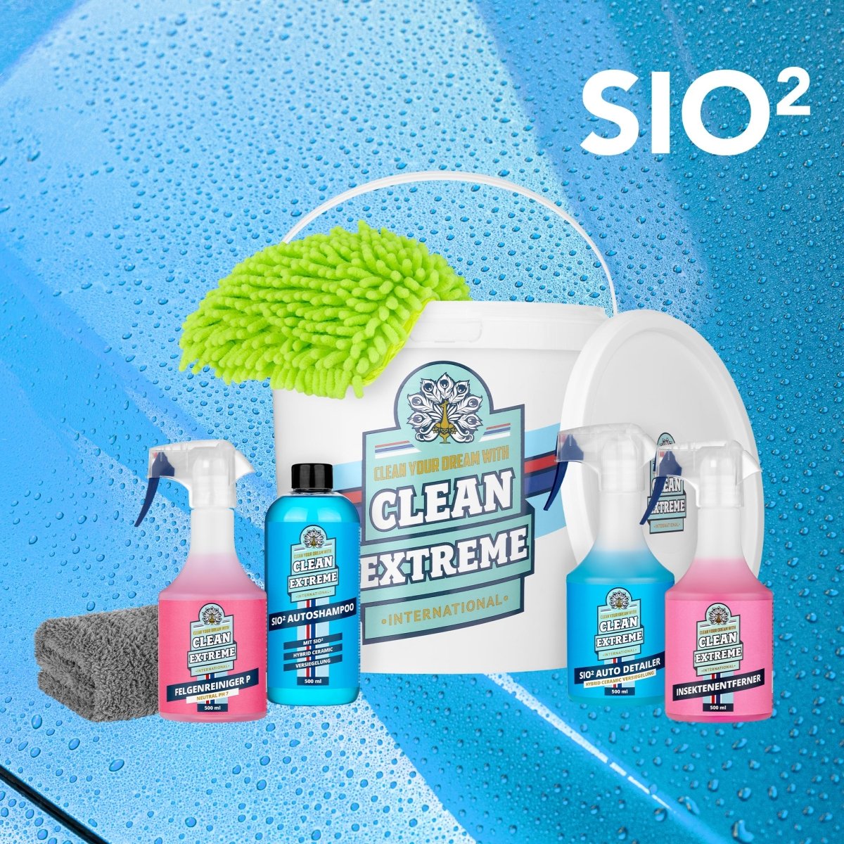 Auto - Wasch - Set SIO² HYBRID CERAMIC Glanz Lack & Folie - Autoshampoo mit SIO² Felgenreiniger pH - neutral Insektenentferner Auto - Detailer mit SIO² inkl. Wasch - Zubehör & Wasch - Eimer mit Deckel - CLEANEXTREME
